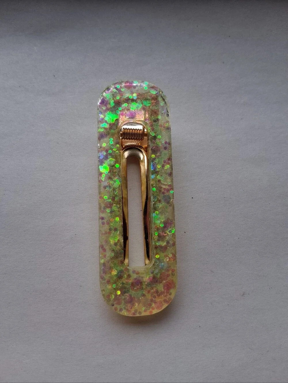 5/$25 Hand Crafted Iridescent Yellow-Green Glitter Resin Hair Clip